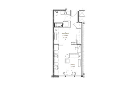 a floor plan of a small house with a bedroom and a living room
